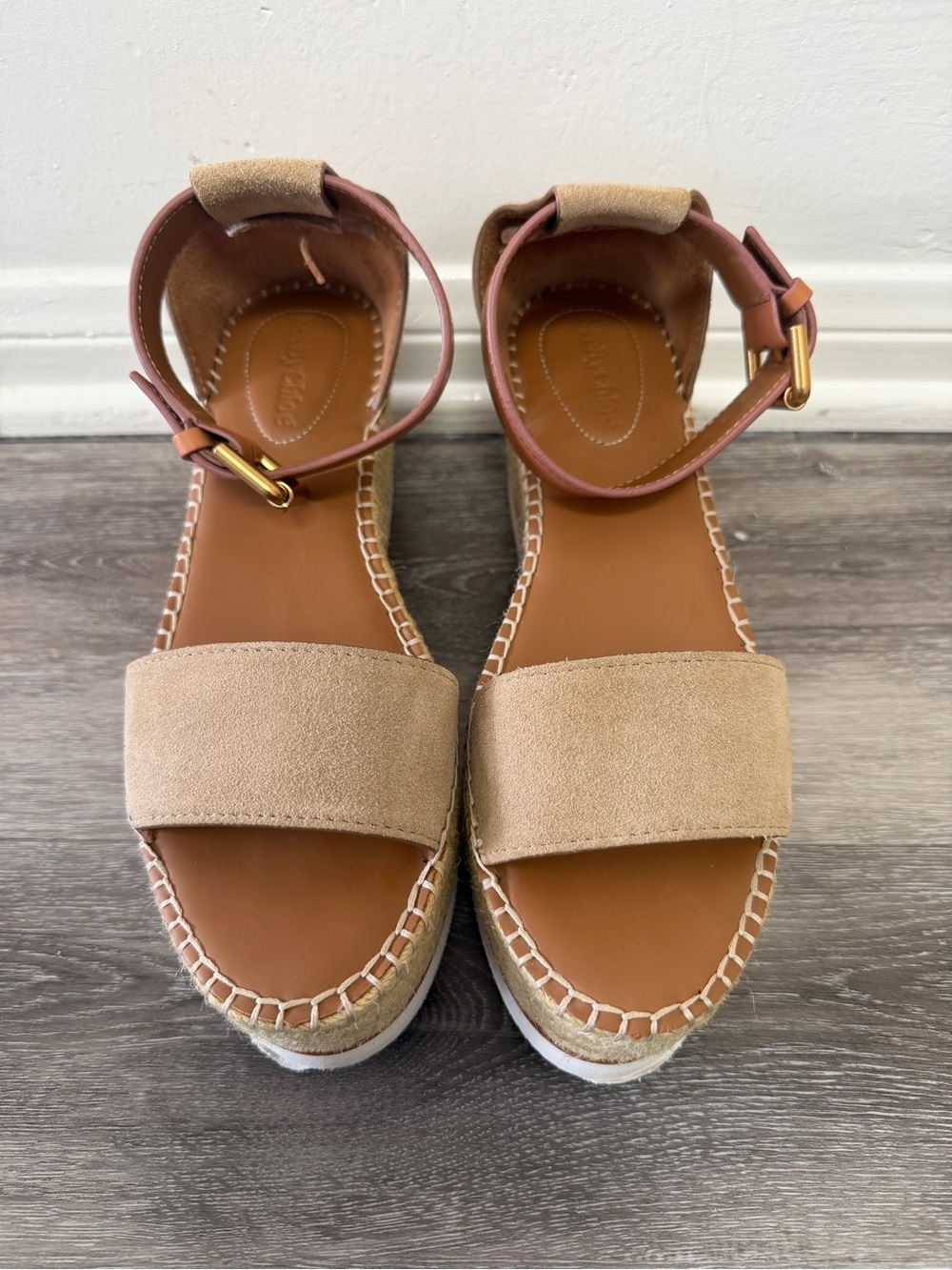 See by Chloe Beige Suede Ankle-Strap Espadrille Sandals